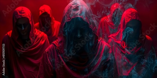 Dark ritual by hooded cultists in red invoking devilish forces in shadows. Concept Horror, Cult Ritual, Devilish Forces, Dark Shadows, Hooded Cultists