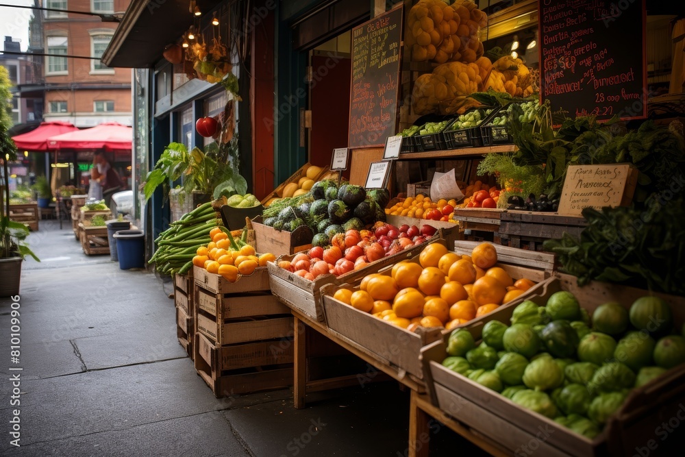 City Street Transformed into an Organic Food Market with Chalkboard Signs Displaying Daily Specials City Street Transformed into an Organic Food Market with Chalkboard Signs Displaying Daily Specials