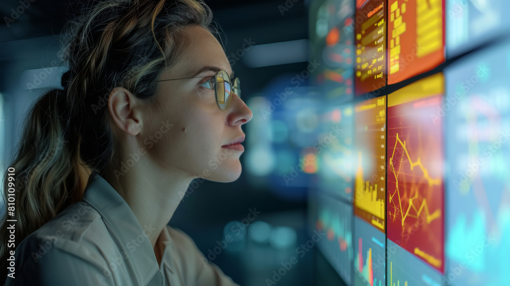A female middle aged administrative employee watching a large screen showing results. Generative AI. A female middle aged administrative employee watching a large screen showing results. Generative AI.