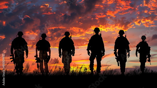 Silhouetted Soldiers Marching in sunse photo