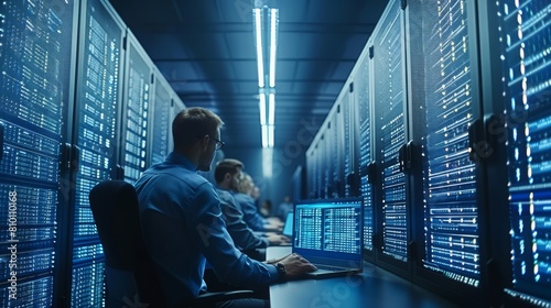 Professional IT programmers discussing blockchain data network architecture on a desktop computer display. The Technical Department of the Data Center is in operation. Generative AI. photo