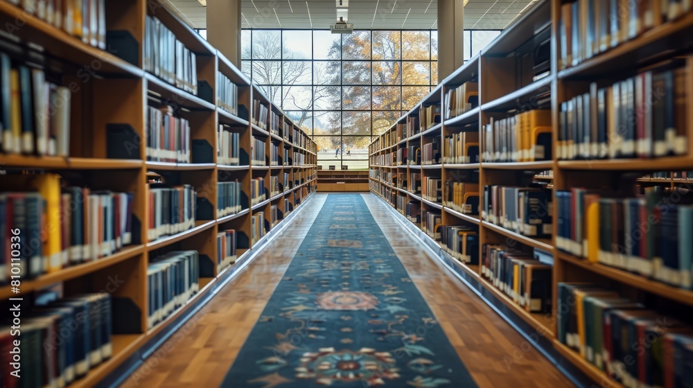 A library with many bookshelves and a carpeted floor. The carpet is blue and has a floral design A library with many bookshelves and a carpeted floor. The carpet is blue and has a floral design