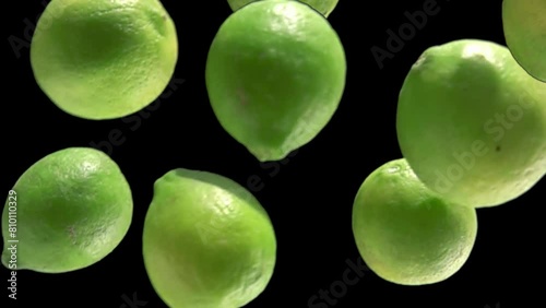 Super close-up of the ripe limes falling down on the black background in slow motion