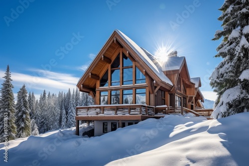 A Traditional Timber-Framed Mountain Lodge in a Peaceful Snow-Covered Forest Setting