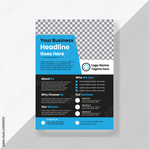 Modern  corporate A4 size flyer design with blue, black and white color or creative brochure template design for  marketing, business proposal, promotion, advertise, publication, cover page. 
