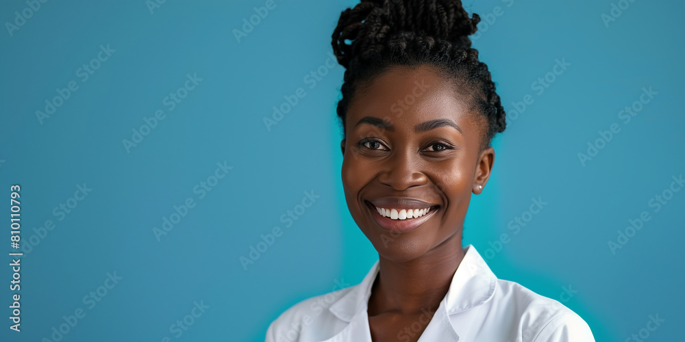 Smiling Black Female Dentist: Banner for Dental Clinic. Generative AI Smiling Black Female Dentist: Banner for Dental Clinic. Generative AI