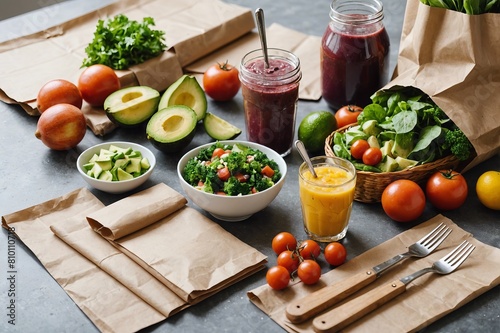 Healthy meal slimming diet plan daily ready menu background, organic fresh dishes and smoothie, fork knife on paper eco bag as food delivery courier service at home in office concept, close up view. photo