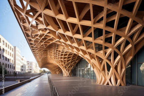 Detailed View of a Geometric Latticed Timber Design on a City Municipal Center