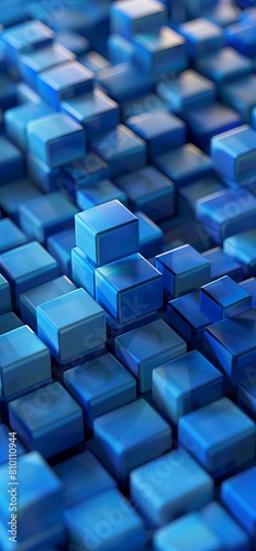 An array of blue stacked cubes forming an organized geometric pattern with a selective focus giving a sense of order and digital structure