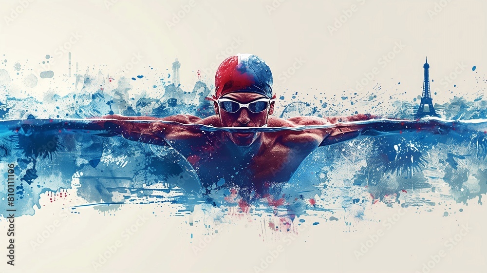 Abstract sports background with swimmer swimming against eiffel tower ...