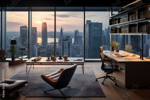 Contemporary Slate-Themed Office Space with a Stunning City View