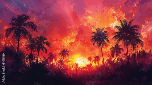 Sunset Palms in Oil: A Tropical Paradise. Perfect for travel inspiration, summer vibes, or adding a touch of luxury to any space. Generative ai © Andrii