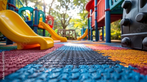 Wallpaper Mural A colorful playground with a yellow slide and a blue slide. The playground is full of children playing and having fun Torontodigital.ca