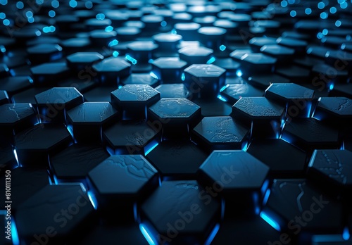 Detailed image of a blue hexagonal pattern with glistening neon blue edges giving a techy vibe