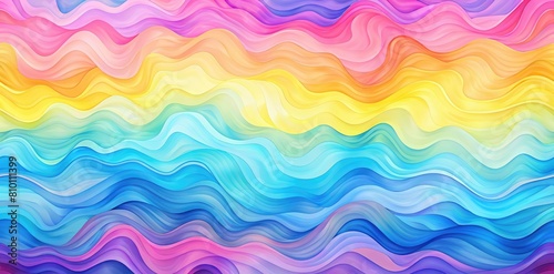 Abstract colorful banner background with bright multicolored waves, rainbow waves on the water, texture of pink, yellow, blue, blue, yellow, pink colors. Clouds in the sky. Beach trip with friends, Ca