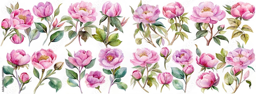 Watercolor illustration with flowers and leaves of a tulip, a set of painted floral elements 
