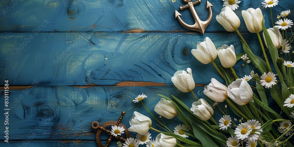Naklejka premium Anchors and compasses line the right side with navy tulips and white daisies, leaving space on the left, banner greeting card for wedding reception, valentines, mother's day, father's day