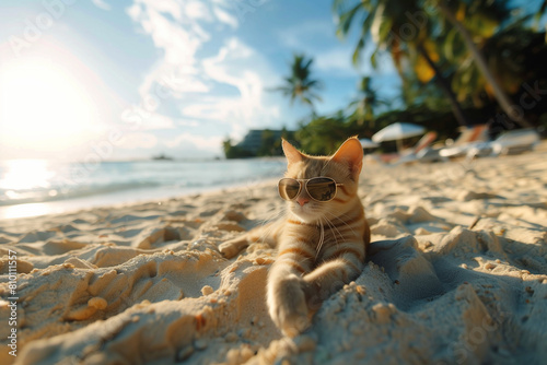 A cat on the beach with glasses