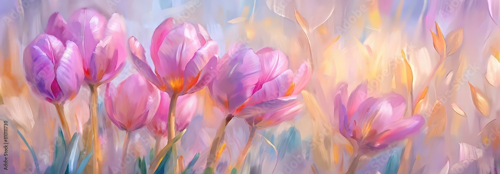 A banner with blooming tulips in pastel pink, a lively spring floral composition, background made in impressionistic style, brushstrokes. A land of wonders and fantasy with tulips and bright shades, a