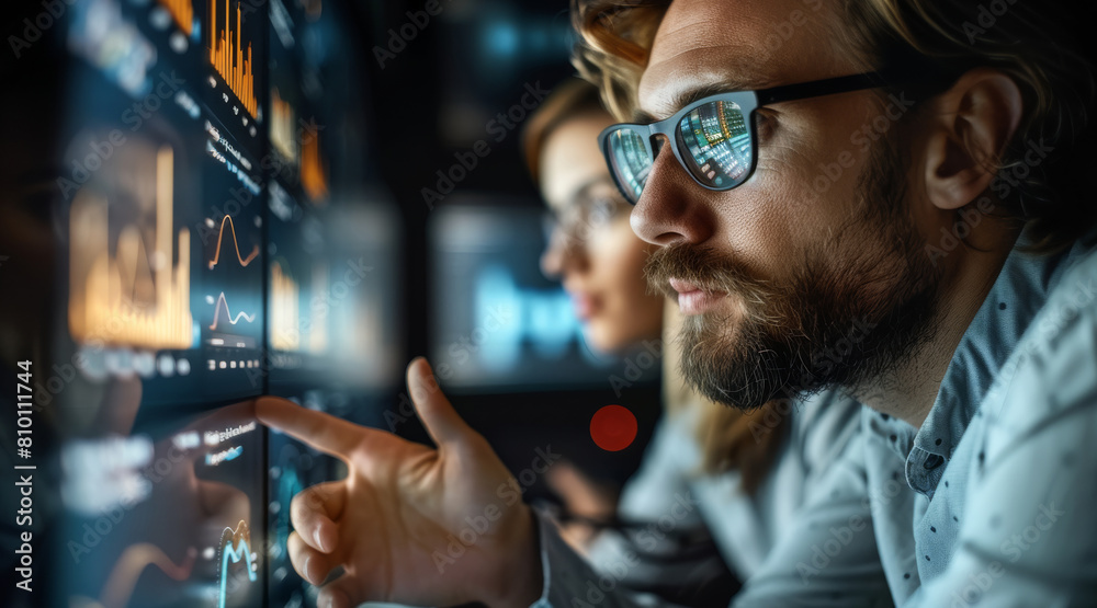 Group of white people looking at data analysis. Generative AI.