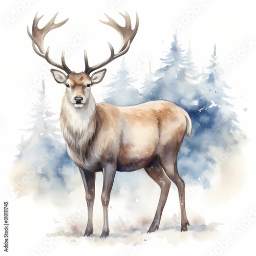 Christmas royal reindeer. Christmas deer clipart. Watercolor illustration. Generative AI. Detailed illustration.