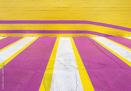 A vivid yellow wall with purple diagonal stripes and a weathered white pedestrian crossing © qorqudlu