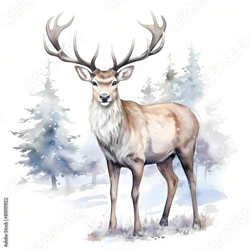 Christmas royal reindeer. Christmas deer clipart. Watercolor illustration. Generative AI. Detailed illustration.
