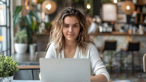 A young woman with a laptop in a cafe possibly a student or freelancer. Concept Portrait Photography  Lifestyle  Technology  Coffee Shop  Working Remotely