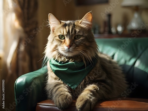 portrait of an arrogant cat lie on a sofa , dressed a green napkin and look forward