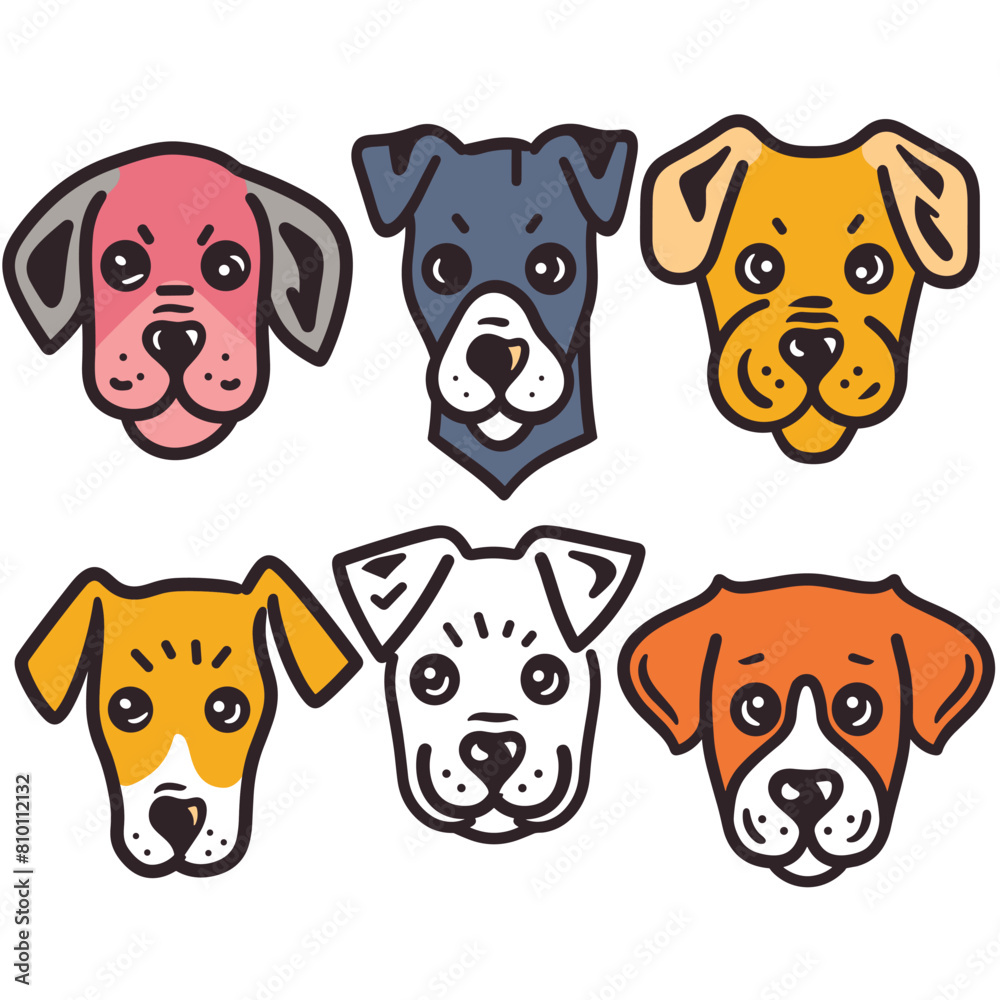 Six cartoon dog faces displayed, varying breeds colors expressions, canine head distinct, showcasing whimsical design, colorful outlines. Cute pet illustrations, ideal childrens books, pet care Six cartoon dog faces displayed, varying breeds colors expressions, canine head distinct, showcasing whimsical design, colorful outlines. Cute pet illustrations, ideal childrens books, pet care