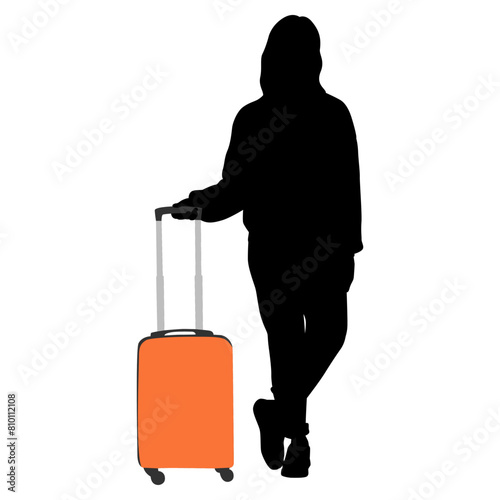 Silhouette of young woman tourist with camera and smartphone. Girl in casual clothes with a suitcase and tickets. The female traveler goes on a journey. Vector illustration isolated on white