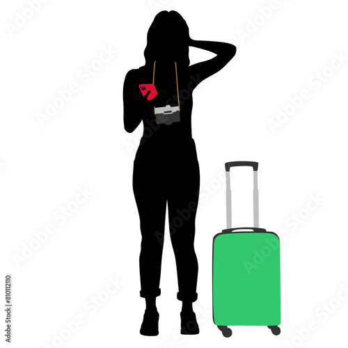 Silhouette of young woman tourist with camera and smartphone. Girl in casual clothes with a suitcase and tickets. The female traveler goes on a journey. Vector illustration isolated on white