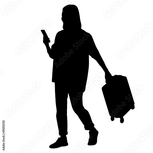 Silhouette of young woman tourist with camera and smartphone. Girl in casual clothes with a suitcase and tickets. The female traveler goes on a journey. Vector illustration isolated on white
