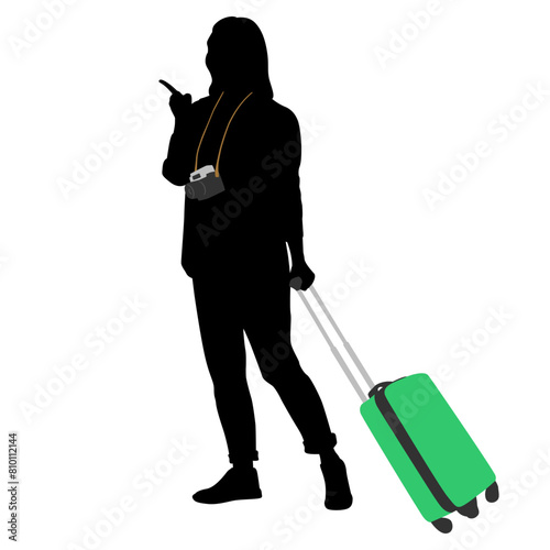 Silhouette of young woman tourist with camera and smartphone. Girl in casual clothes with a suitcase and tickets. The female traveler goes on a journey. Vector illustration isolated on white