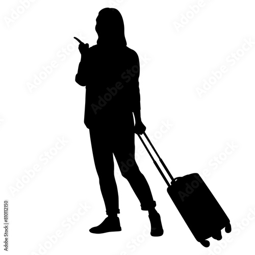 Silhouette of young woman tourist with camera and smartphone. Girl in casual clothes with a suitcase and tickets. The female traveler goes on a journey. Vector illustration isolated on white