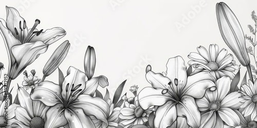 Line art of lilies and daisies in black and white, framing the top, with copy space below for an anniversary banner, banner greeting card for wedding reception, valentines, mother's day, father's day