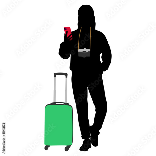 Silhouette of young woman tourist with camera and smartphone. Girl in casual clothes with a suitcase and tickets. The female traveler goes on a journey. Vector illustration isolated on white