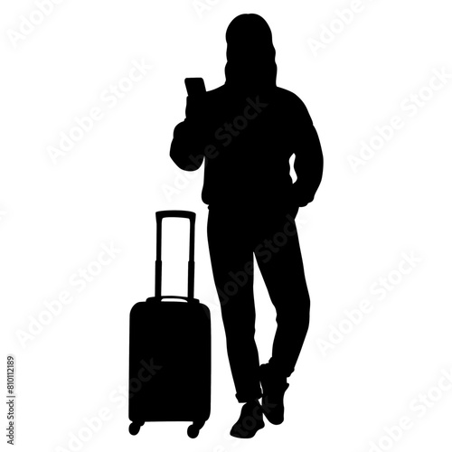 Silhouette of young woman tourist with camera and smartphone. Girl in casual clothes with a suitcase and tickets. The female traveler goes on a journey. Vector illustration isolated on white