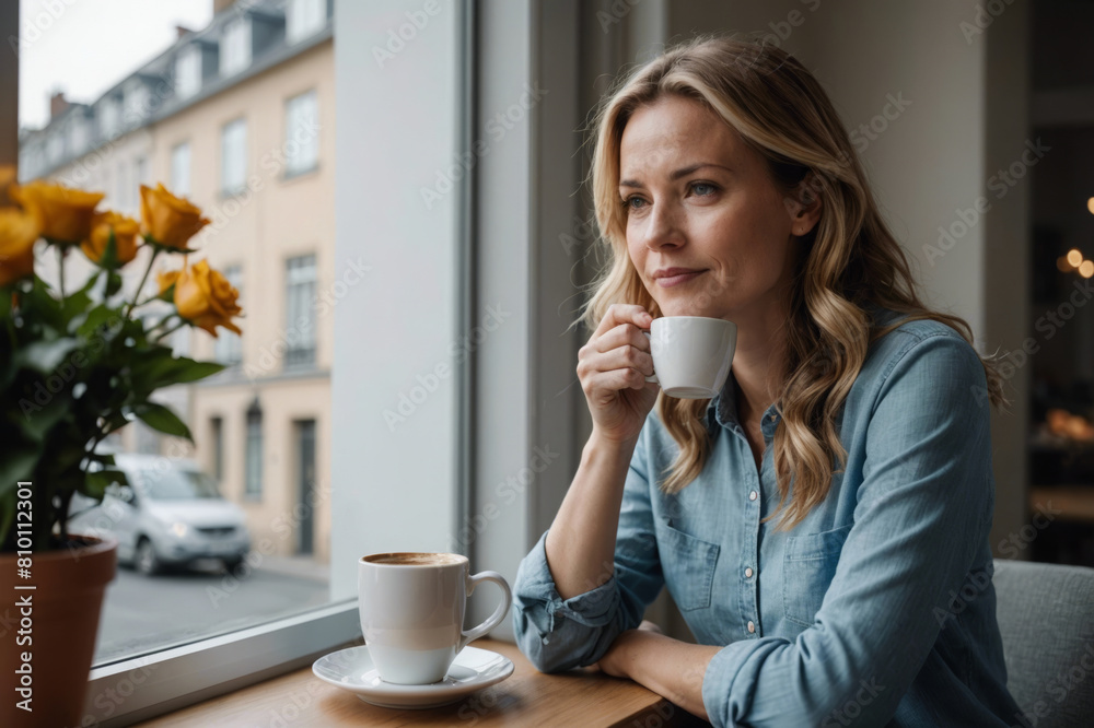 Portrait of woman sitting at the window at home having a coffee break Portrait of woman sitting at the window at home having a coffee break