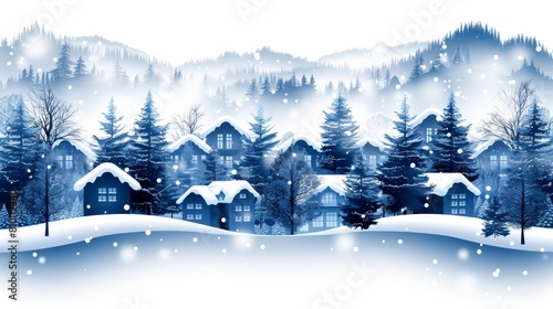   A winter scene with houses and trees in the foreground, snowfall gently on the ground © Wall