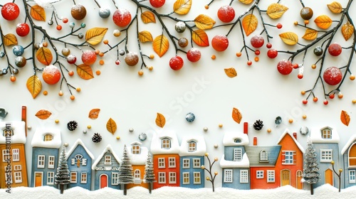  houses, trees with white background, leaves and berries on branches