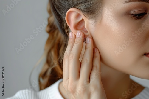 Woman touching her ear on light grey background