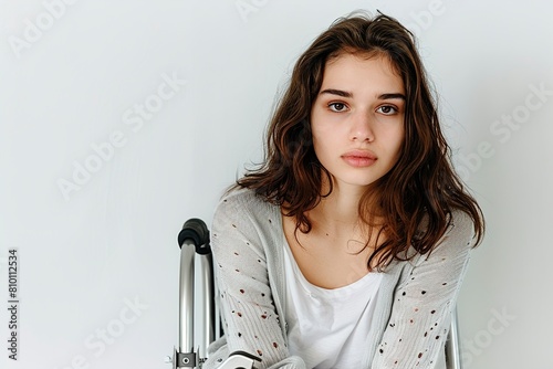 Young woman with axillary crutches on white background