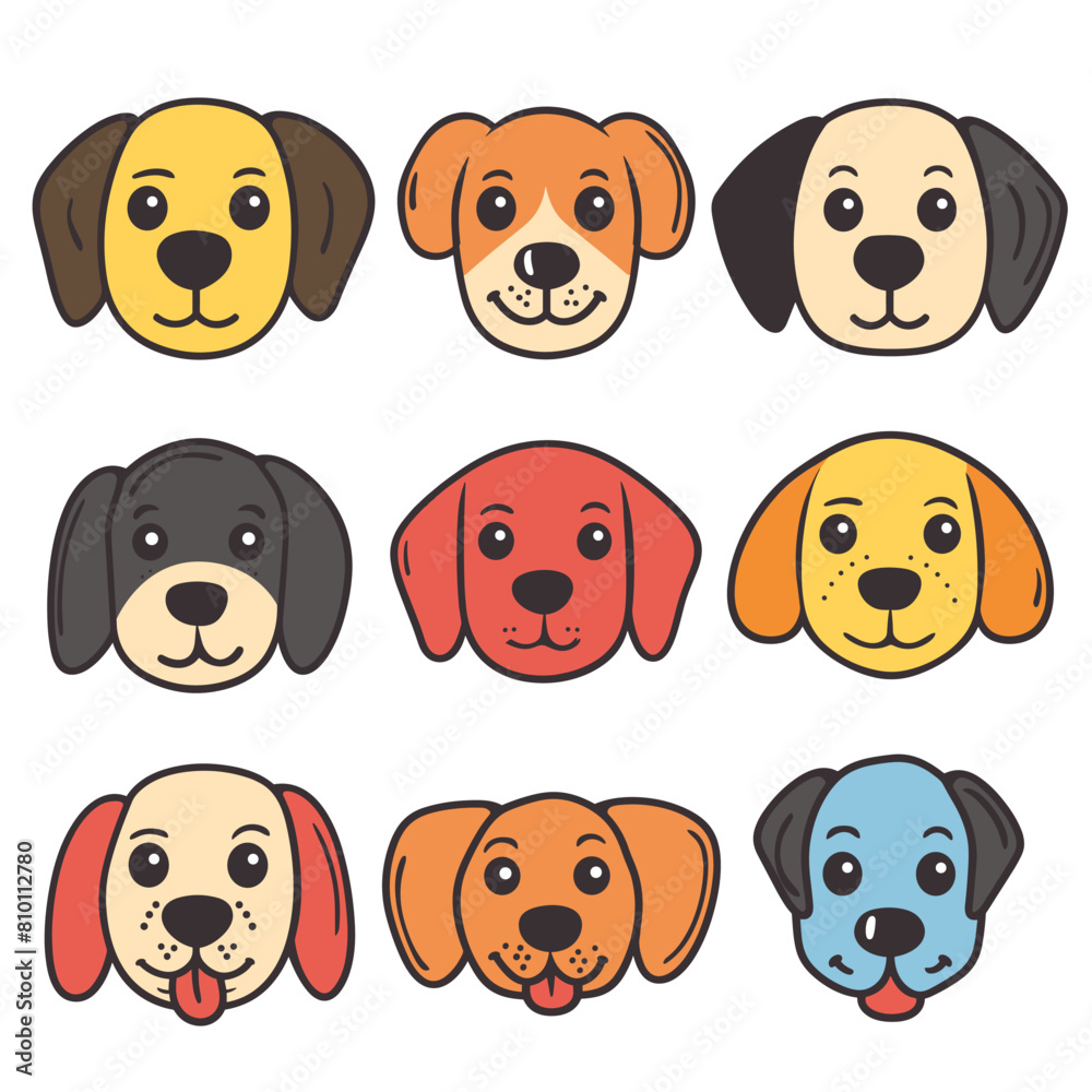 Obraz premium Nine cartoon dog faces, various colors expressions, cute dog illustrations, face unique, friendly pet faces collection, simple style cartoon dogs, faces set, colorful canine characters isolated