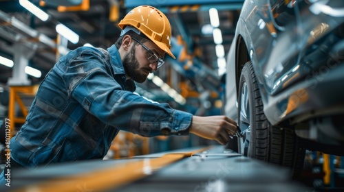 an automotive engineer inspecting a vehicle assembly line, detailed focus on product quality inspection process.