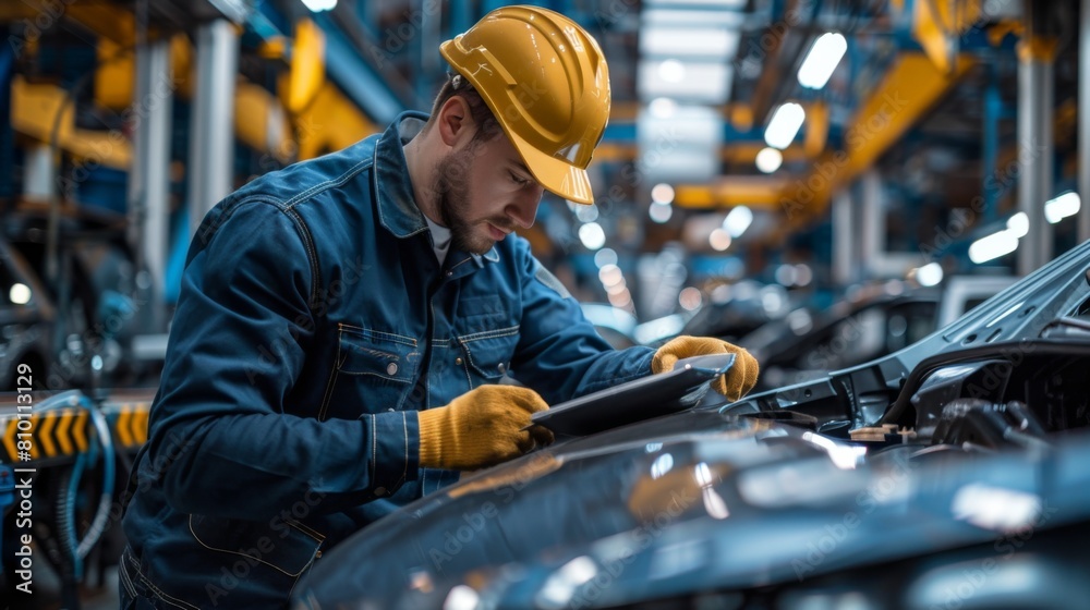 engineer inspecting a vehicle assembly line, detailed focus on product quality inspection process. engineer inspecting a vehicle assembly line, detailed focus on product quality inspection process.