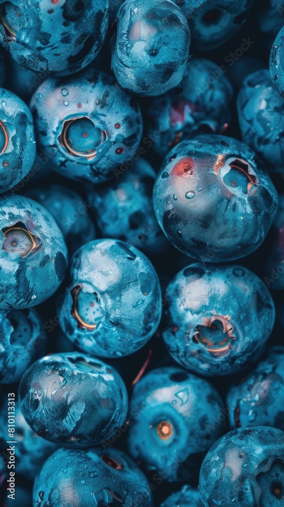 Naklejka premium Blueberry background. Close-up shot of blueberries with water drops. Macro image of freshly picked ripe berries