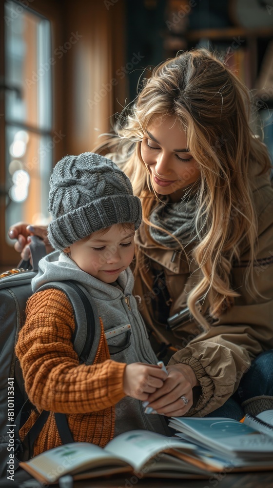 Obraz premium A mother helping her child pack a backpack for the first day of school. back to school concept.