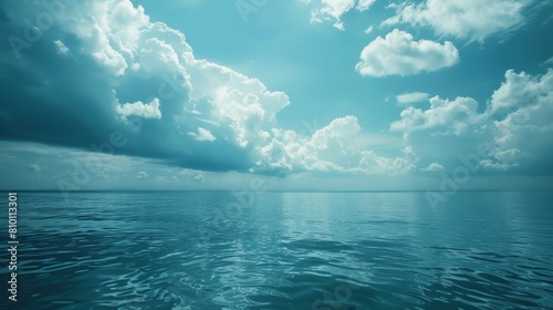  A sizable expanse of water with scattered clouds above and a mid-ocean section of azure depths
