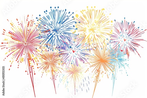 A colorful fireworks display with a white background. The fireworks are arranged in a row  with some being more prominent than others. Scene is celebratory and festive